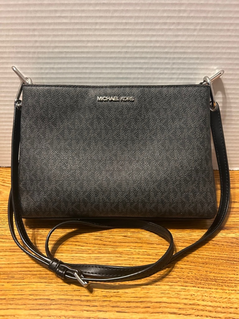 Michael Kors Black Leather Crossbody with Silver Logo